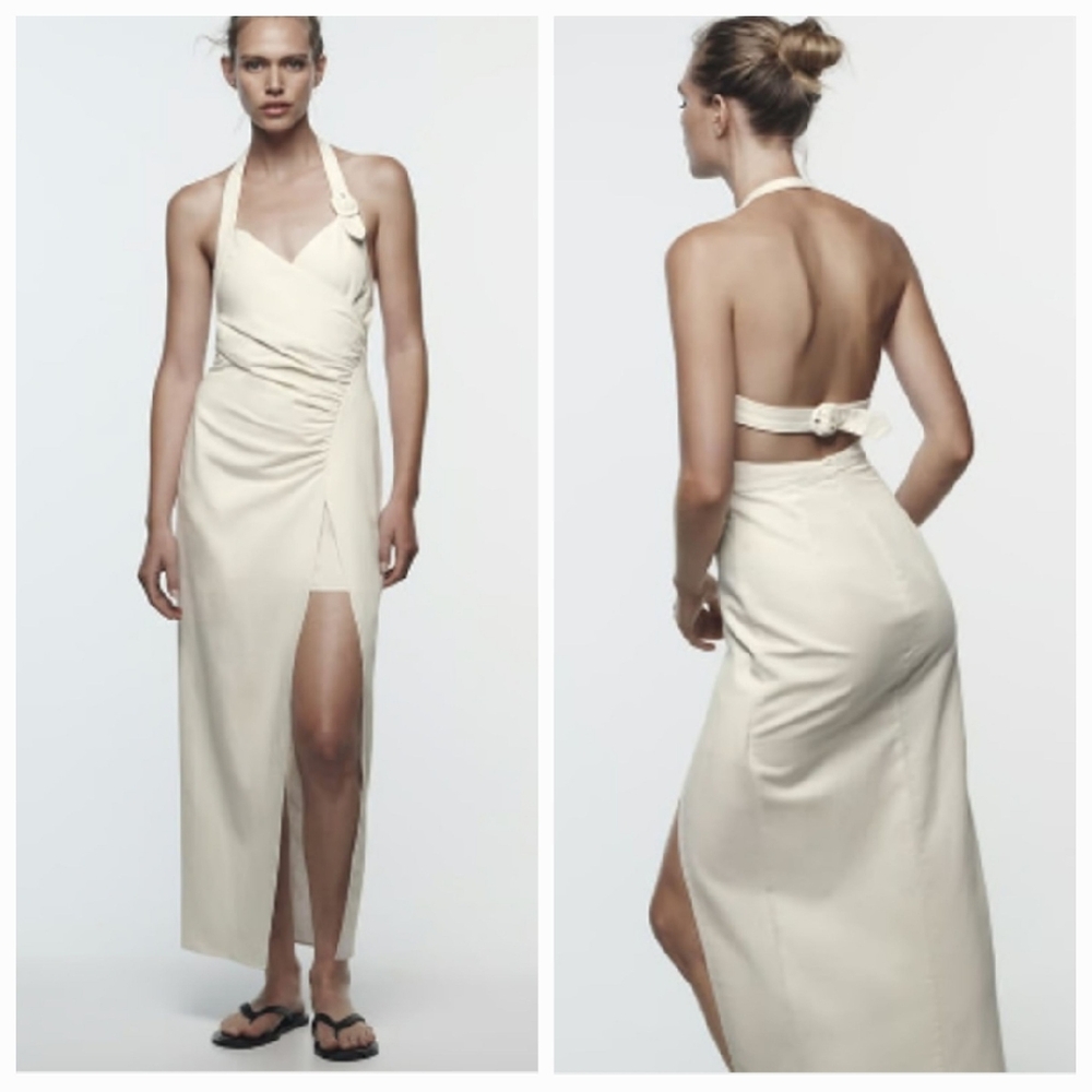 ZARA Draped Halter Midi Dress Ecru Linen Blend XS